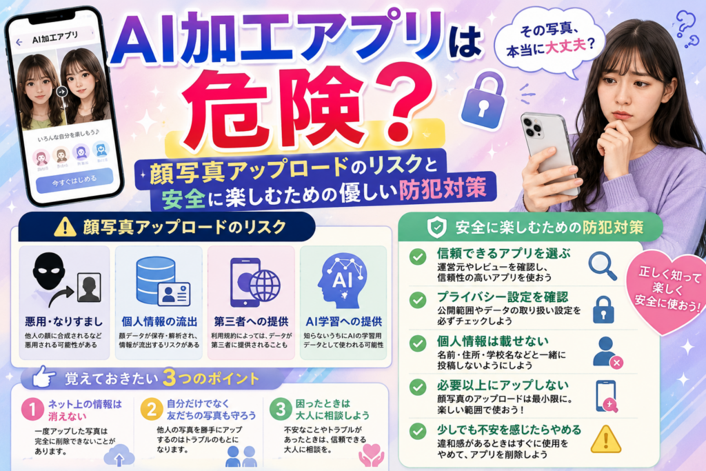 AI加工アプリは危険？顔写真アップロードのリスクと安全に楽しむための優しい防犯対策