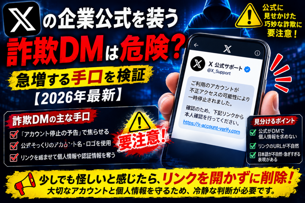 Xの企業公式を装う詐欺DMは危険？急増する手口を検証【2026年最新】