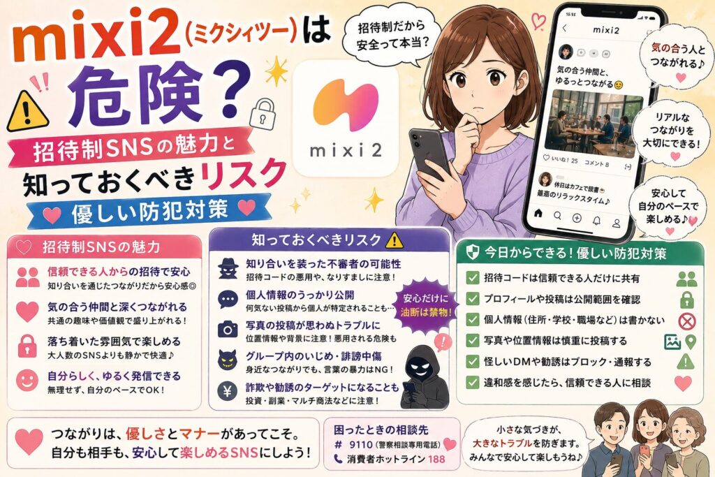 mixi2（ミクシィツー）は危険？招待制SNSの魅力と知っておくべきリスク・優しい防犯対策