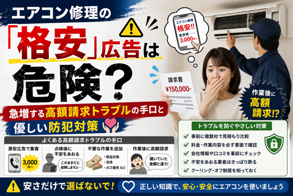 エアコン修理の「格安」広告は危険？急増する高額請求トラブルの手口と優しい防犯対策