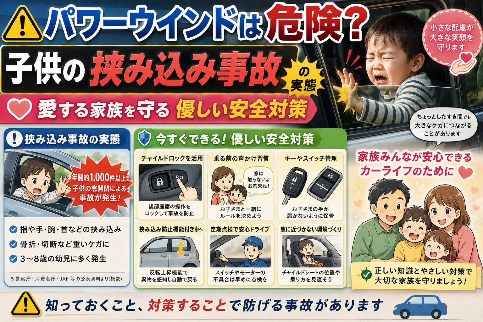 パワーウインドは危険？子供の挟み込み事故の実態と愛する家族を守る優しい安全対策